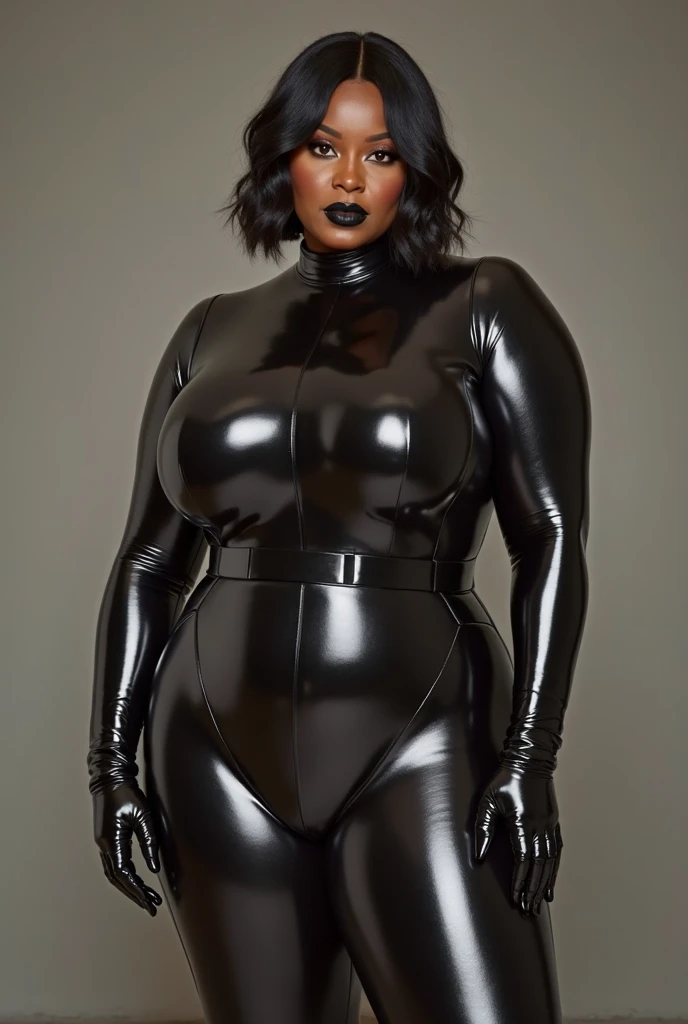 Hijabi, curved, bikini, thick, dark skinned, oil up, big breasts, big thighs, red lips, big lips, latex black suit