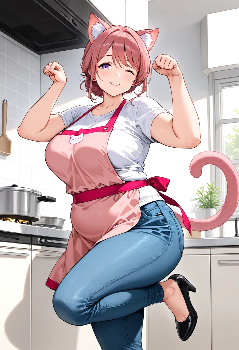 score_9, score_8_up, score_7_up, source_anime, 1girl, solo, <lora:NSRobinStardew:1> NSRobinStardew, ginger hair, ponytail, medium hair, green eyes,  ponytail,  apron, curvy, parted lips, cat ears, cat tail, whiskers, paw gloves, paw pose, kitchen, white apron, heterochromia, orange eyes