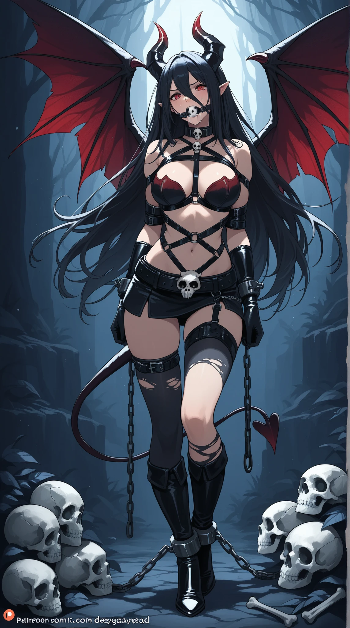 Female devil, skull gag, Bone horn, belt bondage, Iron ball shackles, Devil Wing Bra,   Decayed Seal,  Dark Fantasy Art, 