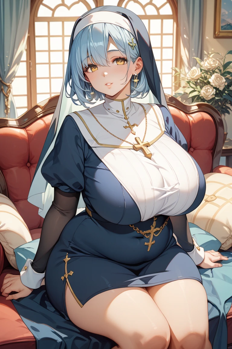 Cute naughty priestess, Pastel colors hair, large breasts, Thighs, (silver hair), blue hair, long hair, (pouted:1,2, blush:1.2), half updo, double bun, (naked:1.3), at the adventurer's guild, A bulletin board with posted paper