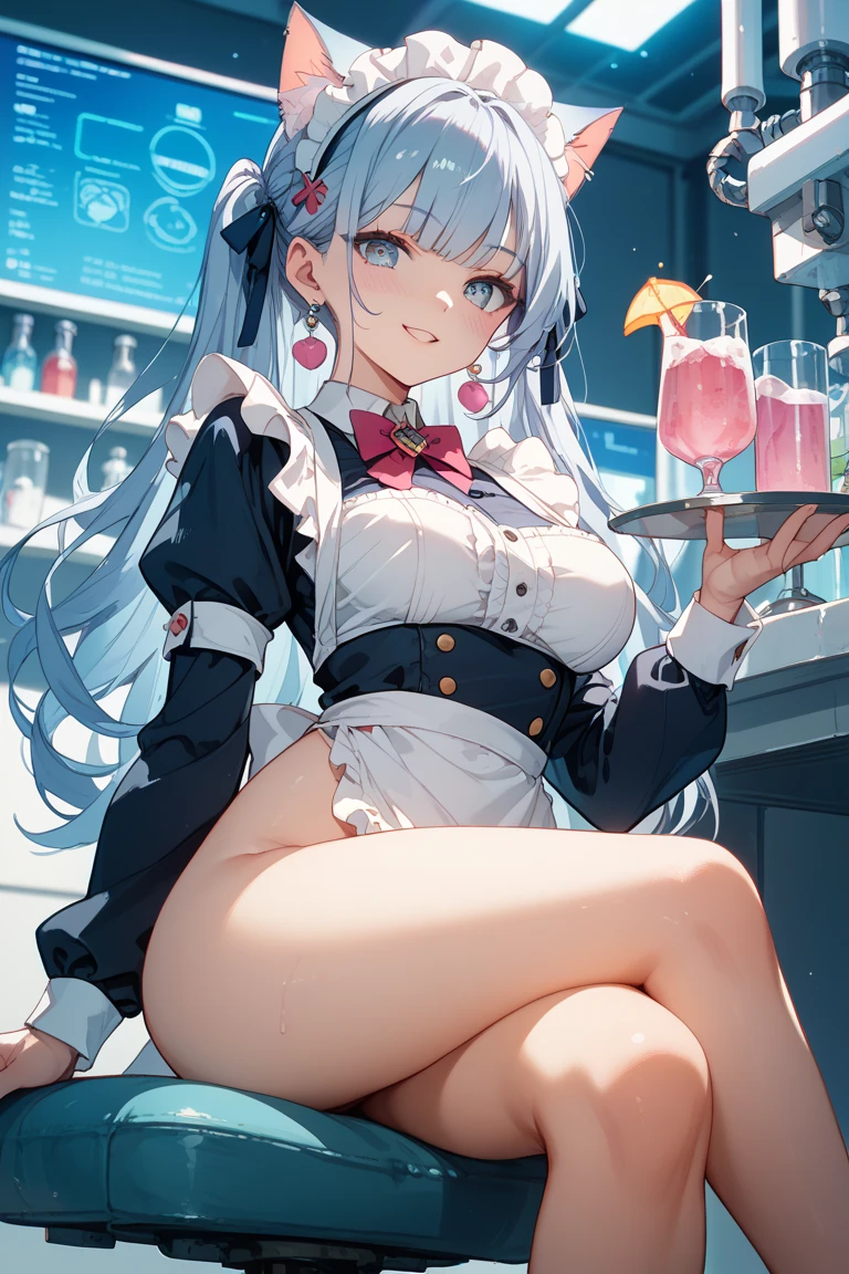 Realistic, masterpiece, Highest quality, (Fine grain), Huge breasts, Sweat, night, Outdoor,Pool, Micro bikini in, Micro bikini with only strings, Earrings,  White apron,  Puff short sleeves, Between the breasts, Small tray, Center opening,  bow tie, Pelvic Curtain, (Wide Hips), A shy smile, Embarrassing, (look up), (Whipped cream on chest)