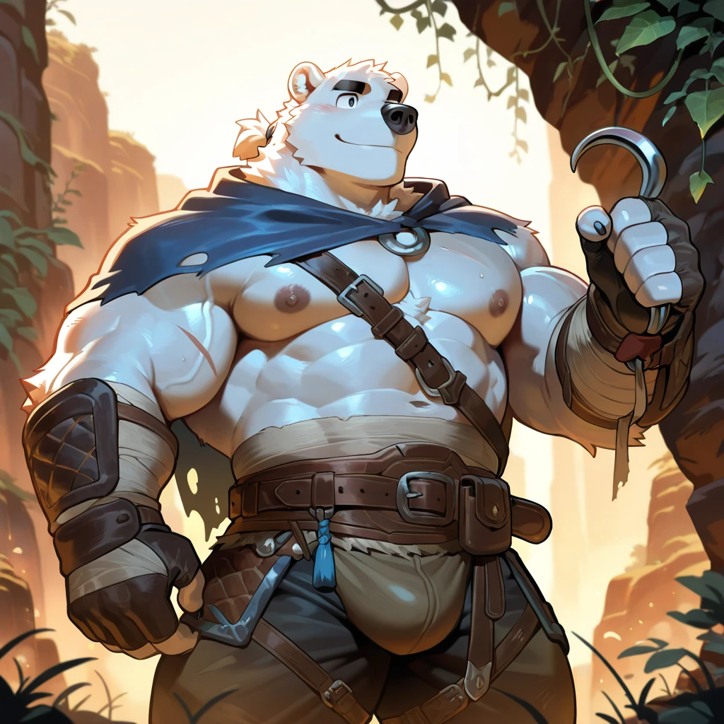 Furry, solo, white bear, Blue Eyes, Muscular, Wear an adventurer’s outfit, red cloth, red scarf, Behind is a mountain, waterfall, Standing on the rocks by the waterfall, High resolution imageHDR, 4K