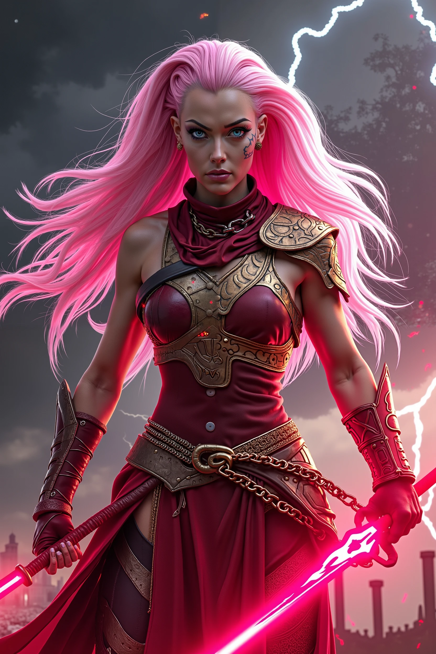 A powerful female warrior pony resembling Pinkamena Diane Pie from My Little Pony, with a light pink coat, icy blue eyes, and long straight pink mane. She wears ancient Greek-style battle armor inspired by Kratos from God of War: golden and red leather elements, rugged details, battle scars. Her expression is cold and serious. She wields glowing chained blades infused with red magical energy. Around her, a dark storm brews in a ruined battlefield, lightning flashing behind. Her mane and tail flow in the wind, her aura flickers with crimson light. Highly detailed, fantasy epic illustration, dramatic lighting, 4K resolution."