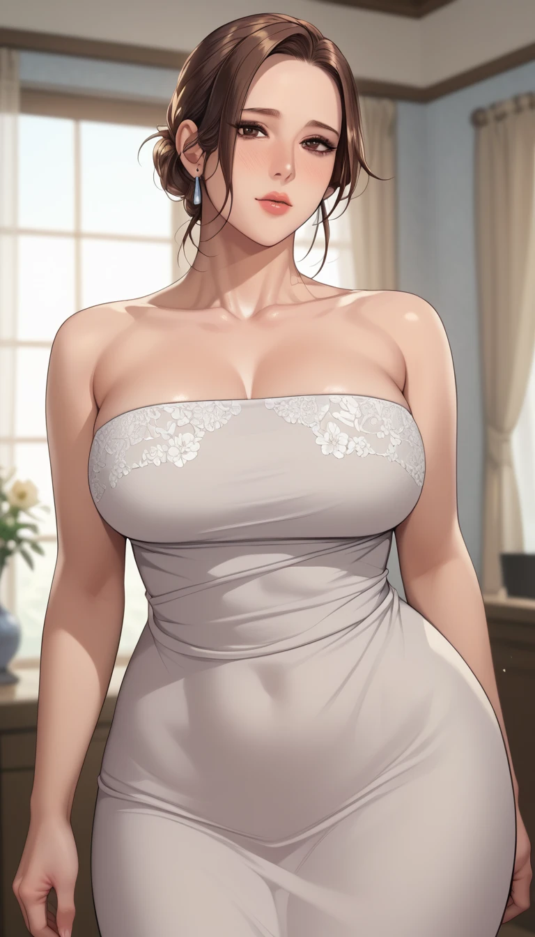 nighttime,full body,KOF:Mai Shiranui ,(((Wearing White wedding dress ))), Jewelry ,Elegant sitting posture,Masterpiece,best quality,official art,extremely detailed, 3D, Cinema 4D,8k, ( ##tattoo ##,tattoo, ~+ tattoo),(Perfect female curves, huge stacked breast),(A seductive gaze), Facing the camera, Pink lips,Delicate fingers and hands,magic hour, Rembrandt lighting, front lighting and fill lighting, hard shadow,
