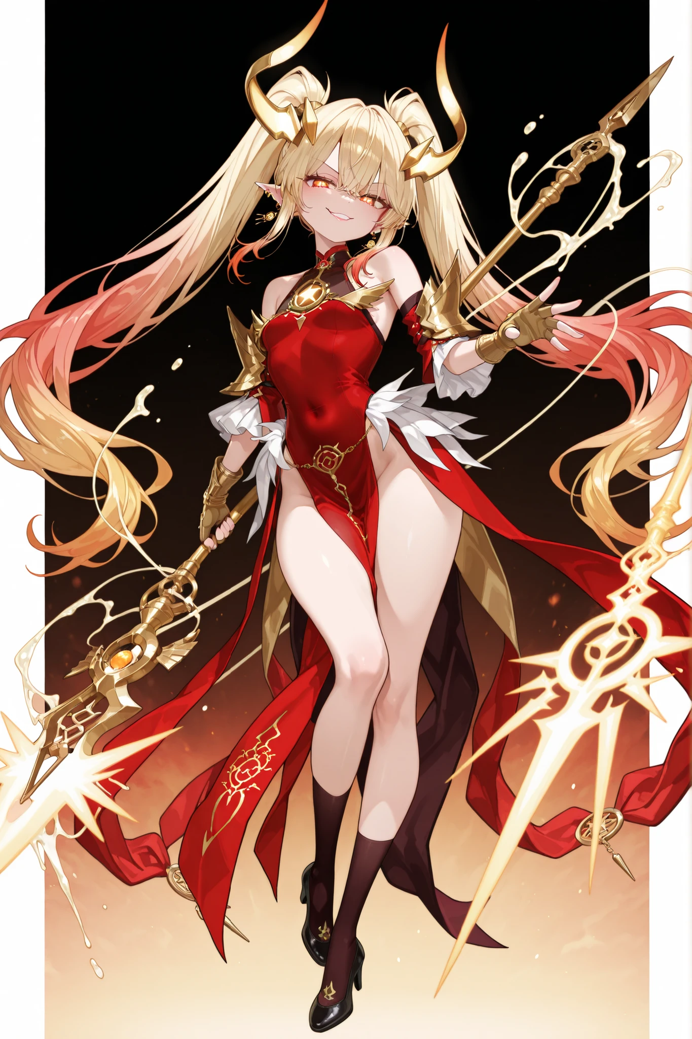 Blonde flat-chested girl,gold gemstone crown,Red手爪,Red龍尾,Red,thong,thin legs,Red鐵靴子,Red rose