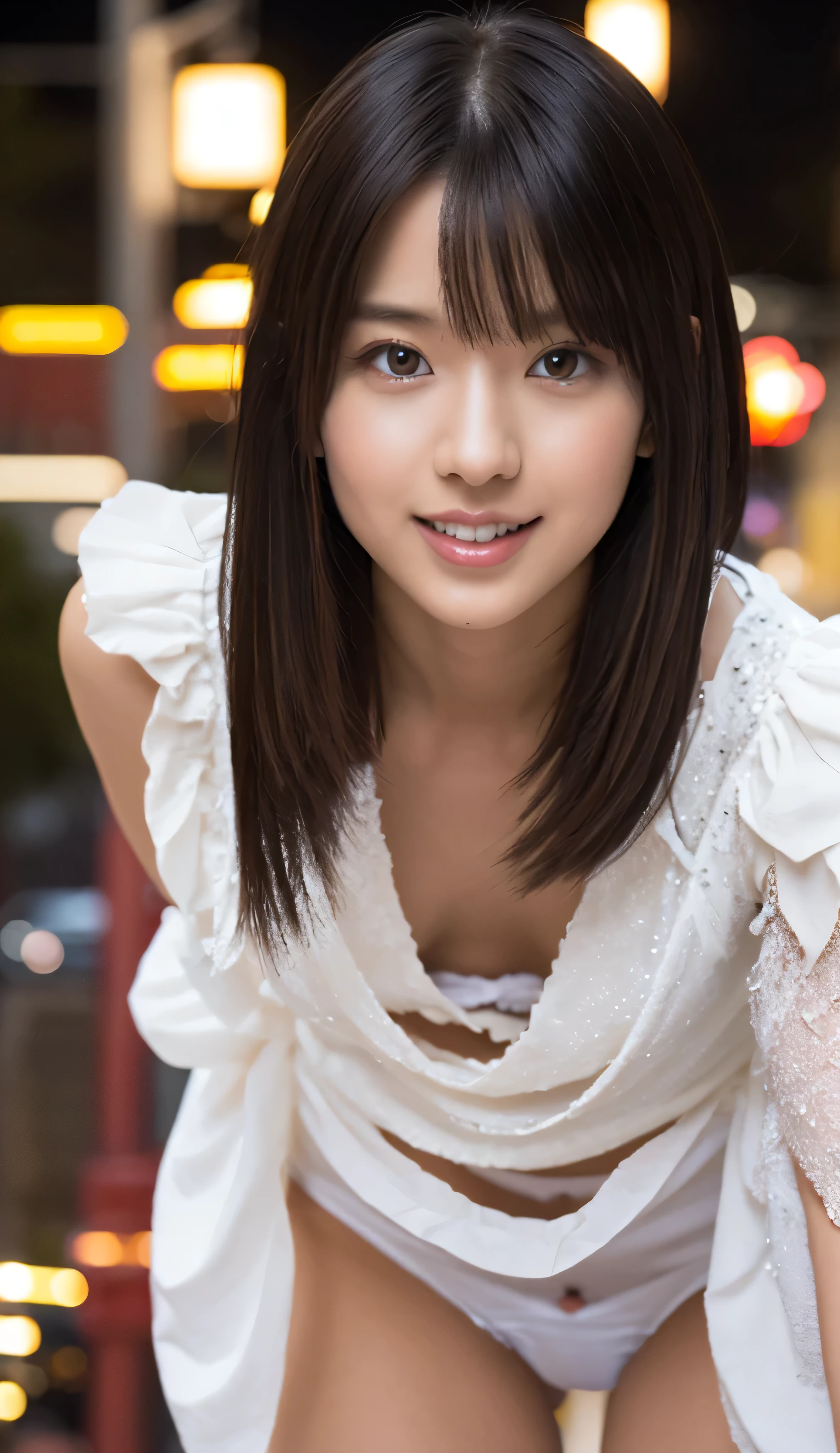 (8k, ultra-high resolution, highest quality, masterpiece:1.2), Masterpiece, best quality, illustration, ultra detailed, finely detailed, high resolution, 8k wallpaper, perfect dynamic composition, beautifully detailed eyes, (((She lifted her skirt with both hands to reveal her white panties))),  1girl in, (wearing a white glitter dress:1.2), (Raw photo, Best Quality), (Realistic, Photorealsitic:1.4), masutepiece, Extremely delicate and beautiful, Extremely detailed, 2k wallpaper, amazing, finely detail, the Extremely Detailed CG Unity 8K Wallpapers, Ultra-detailed, hight resolution, Soft light, Beautiful detailed girl, extremely detailed eye and face, beautiful detailed nose, Beautiful detailed eyes, Cinematic lighting, city light at night, Perfect Anatomy, Slender body, Smiling