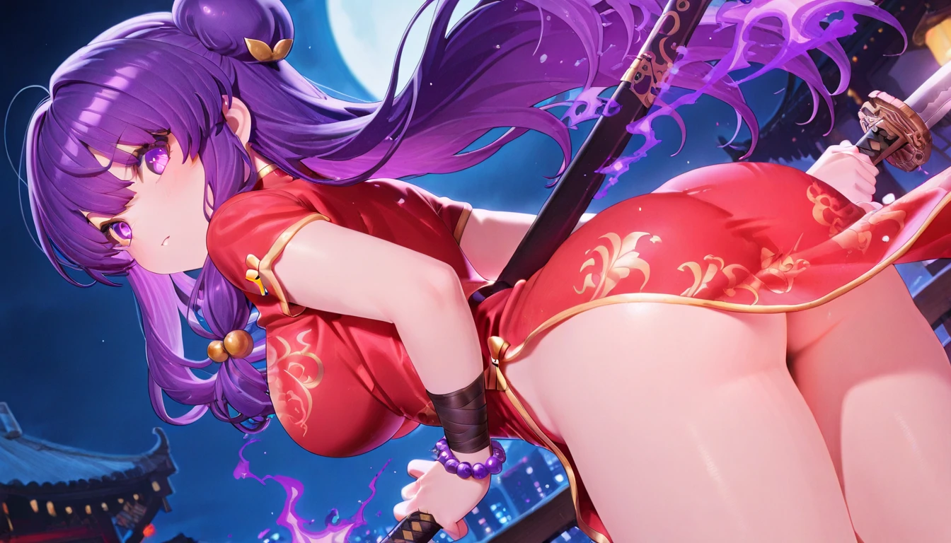 The image depicts  girl is posing on a table, kneeling in such a way that the dress obscures her lower back, <lora:ptgs:0.8>,city,   <lora:Char-HonkaiSR-Sparkle-XL-V1:0.8> sparkle \(honkai: star rail\), twintails, hair ornament, off shoulder kimono, mask on head, detached sleeves, choker, obi, single glove, cross-laced sandals, wristband, criss-cross halter, thigh strap