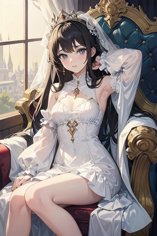 Light Goddess，favela，half squatting，and hold your head in your hands，Underarms，Stiletto pointed toe wedding shoes，Pure white elegant gorgeous high heels：1.5，wedding gown，ssmile，real-looking-skin，Beautiful face，Tall and fair，jewely，High definition 8K，perfect bodies，(1girl)，Gray hair and yellow eyes，(the emperor，Black see-through garment)，(tiara crown：1.1)，sitting on an royal throne，Close your eyes slightly，low head，low head，(is shy：1.2 ), ((makeup)), High contrast, (best illumination, an extremely create and beautiful), ((cinematic light)), Bright colors,
