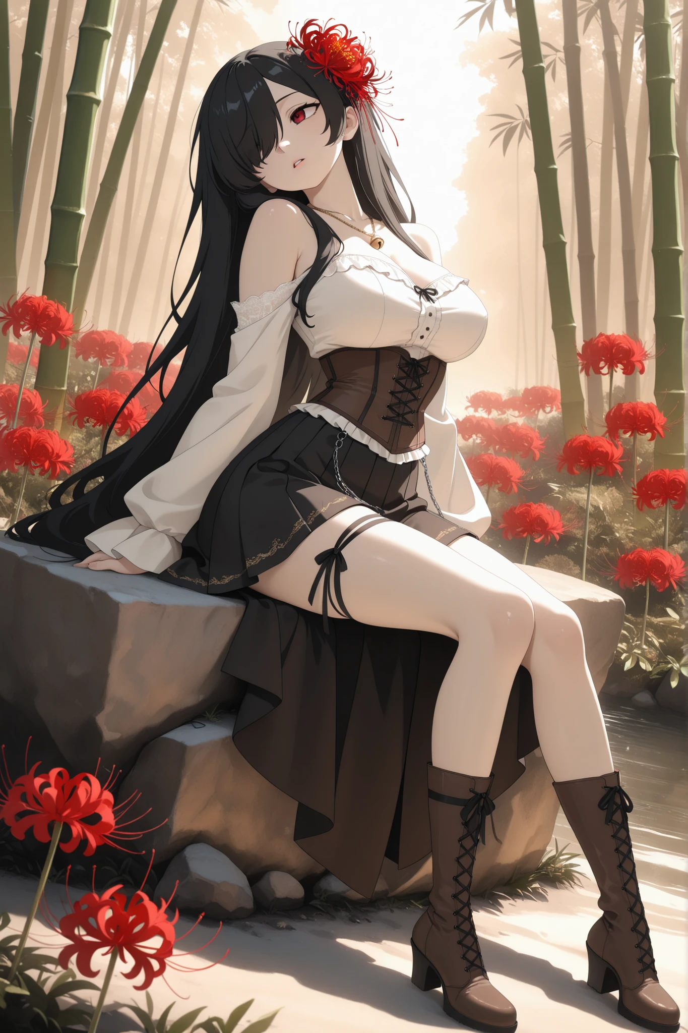 1girl, Kuroki Monika, black hair, very long hair, hair over right eye, red eyes, large breasts, (petite but curvy, very cute),
, hair flower, spider lily, white vintage Pleated blouse with bell sleeves and bare shoulders, brown vintage-gothic lace-up corset, long black gothic skirt with ruffles, heeled boots, Delicate belt chains with feather jewelry, white theme, light brown theme, necklace, bamboo, flower, hair flower, red flower, peony (flower), hair ornament, weimao, hagoromo, yaopei, zhijupao, leg ribbon, solo, full body, sitting, head tilt, looking away, parted lips, from side, ((dynamic angle)), dynamic pose, outdoors, nature, (blending, surreal:1.3), masterpiece, best quality, amazing quality, very aesthetic, 8k, HDR, cinematic,