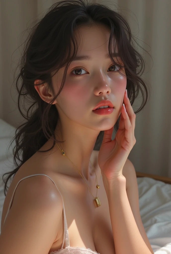 8yk、Raw photo、(masuter piece)、(top-quality)、Hi-Res、(girl with)、(realisitic、Photorealsitic:1.2), Upper body、Red camisole、Facing up、skinny、14years、small tits、Eyes closed、Deep sadness、Sorrow、look up sky、Open mouth、screeming、a room、Background blur