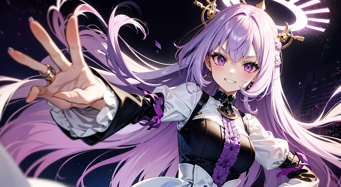 high resolution, 1 girl, smile, ribbon, Bangs between the eyes, purple eyes, ponytail, Hair bow, pointed ears, Rings on the head, precise, Hair highlights, Deer Ear, chest, Anime, 