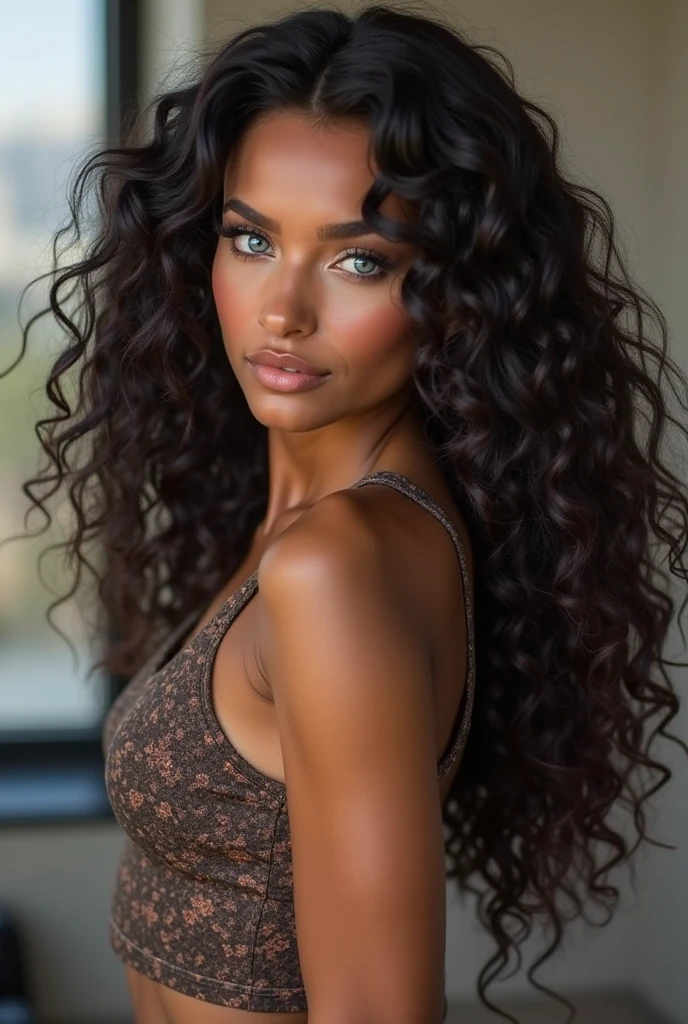 Brunette woman, black eyes, slim, afro hair