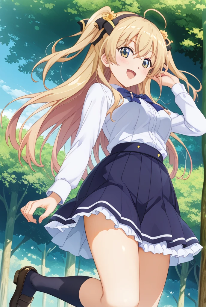 best quality, 1girl, UniformIllya, Illya's School Uniform,outdoor,(((wind lift))),skirt lift, side-tie_panties, WindyUpskirt,
