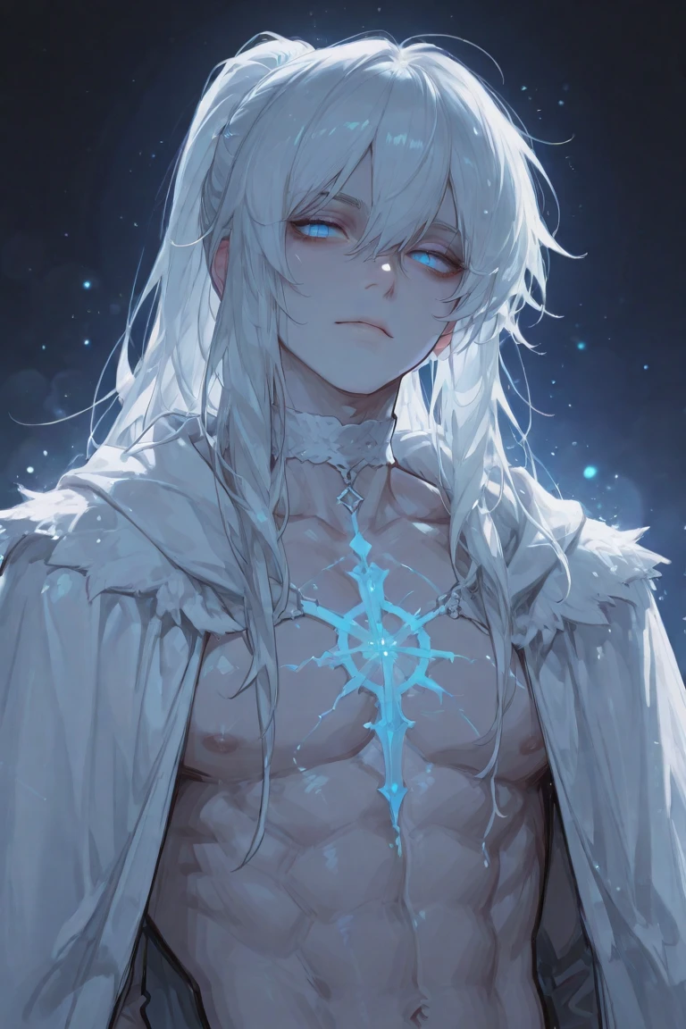 cold white hair, bright blue eyes, delicate features, five springs, man