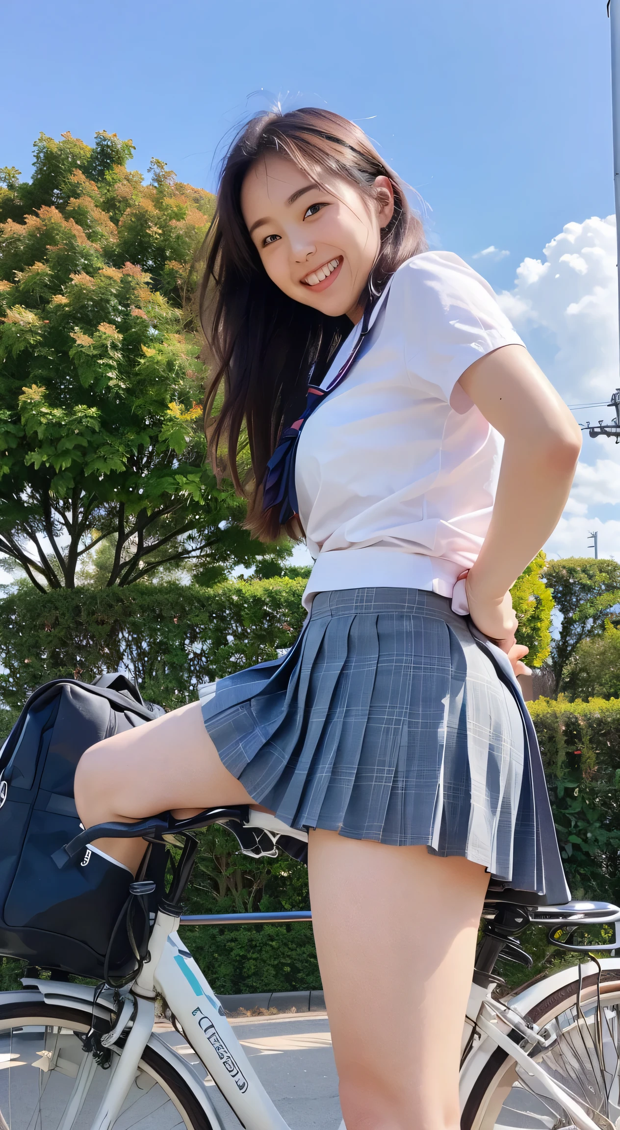 (((alone))),(((1 Girl))), beautiful, shape, Highly detailed skin, masterpiece, Highest quality, Highly detailed face, Vibrant colors, Written boundary depth, Cinema Lighting,, One Girl, alone, Brown eyes, Brown Hair, hair ornaments,Long Hair,Green Check Skirt,, White shirt, ,masterpiece Highest quality 高解像度、, Long Hair, Sit with your knees bent、eight-headed body、beautiful足 、On campus、As if looking up from below、Embarrassing,Browsing Caution,White panties,Camel Toe