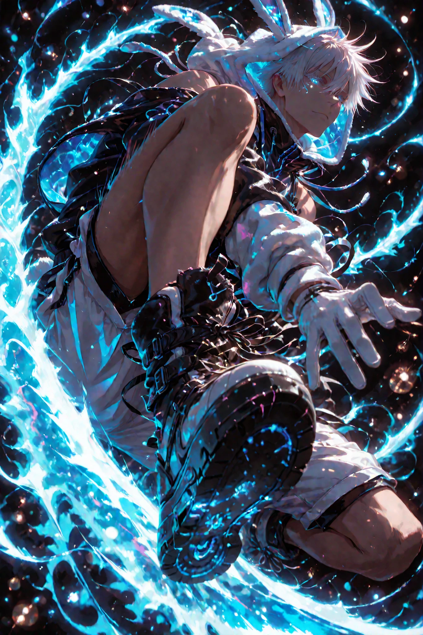 neon art, neon lineart, blue neon lineart, neon silhouette, silhouette, neon colors, glowing, glow effect, bright outlines, vibrant colors, high contrast, dark background, digital art, 1man, adult, male focus, gojou satoru, jujutsu kaisen, white hair, short hair, ((hair between eyes)), colored eyelashes, white eyelashes, blue eyes, intricate eye iris, detailed eyes, muscular male, sexy man, handsome man, handsome face, cool, nonchalant, male cool clothes, cool fashion, intricate clothes, intricate accessories, intricate patterns, cool, stylish, black top, bare shoulders, hood, rabbit hood, hood up, hood with neon trims, white shorts, shorts with neon trims, sneaker, black sneaker, single glove, white glove, solo, glowing eyes, looking at viewer, dynamic shot, dynamic view, dynamic composition, dynamic action pose, ((dynamic pose, foreshortening:1.3)), blue aura, motion lines, action scene, motion blur, bokeh, glittering, sparkling, (((black background)))