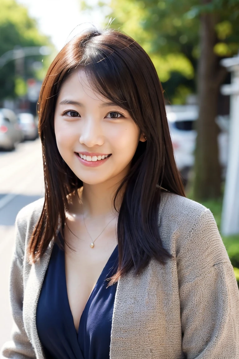 masterpiece,best quality,(Japanese ),((Beautiful girl)),cleavage,(perfect body beauty:1.2),(shy smile),beautiful teeth,(Blurred background of brick buildings),