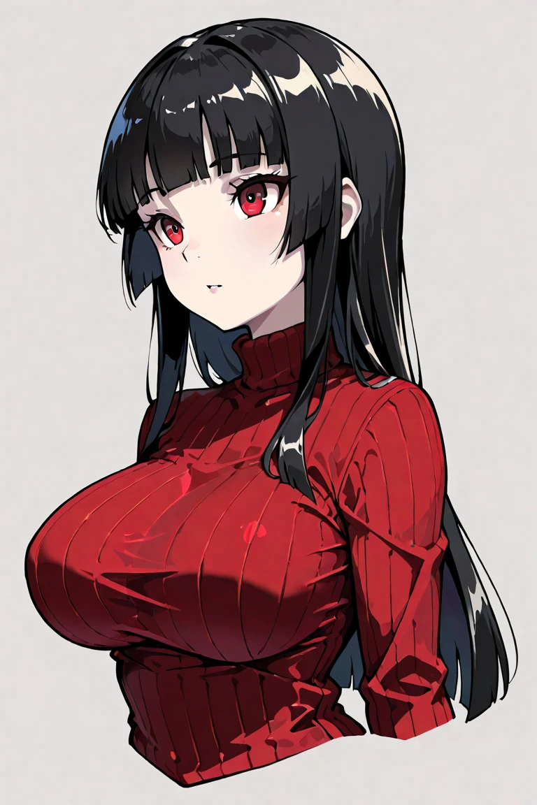 Cute girl, black hair, bright and tight red dress, big breasts, sexy body, white background