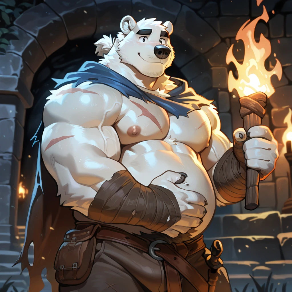 by taran fiddler), (by darkgem:0.8), (by chunie:1), masterpiece, nude, portrait, serious, looking at viewer, (javid:1.2), 4k, ultra detail, full body, white furry body, white fur, pure white fur, full white beard, white beard,  male, solo, anthro polar bear, one arm raised over head; raised arm wearing a hammer; right arm raised over head, left arm held down; left hand holding tongs, left hand holding glowing tongs, standing behind an anvil, axe head laying flat on the anvil, left arm held down, right arm raised over head holding a welding hammer,  viking hairstyle, viking long hair, viking braids, viking polar bear, blacksmith, blacksmith hammering pose, hot metal, smiting  an axe on an anvil,blue eyes, blue eyes, eyes, no shirt, not wearing shirt, [no shirt],furry chest, huge chest, furry stomach, soft stomach, soft belly, chubby pecs, furry body, chiseled furry, , no pants, not wearing pants, not wearing clothing, facing camera, very tall, muscular chubby bear , No Horns, NO hat, towering, hulking tall, huge body, hulk, monstrous, huge muscles, wide shoulders, no shirt, full beard,long white hair, waist length hair, detailed hands, viking black smith background, blacksmith shop, fantasy, DnD, viking blacksmith