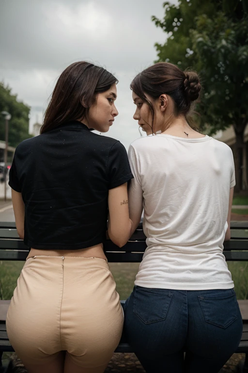 A friend holding hands in front of another with one hand clutching a pink iPhone and covering her face, dressed in white blouse and black pants, the hair is straight and long and black and behind it is night with purple and blue lights, trees and palms