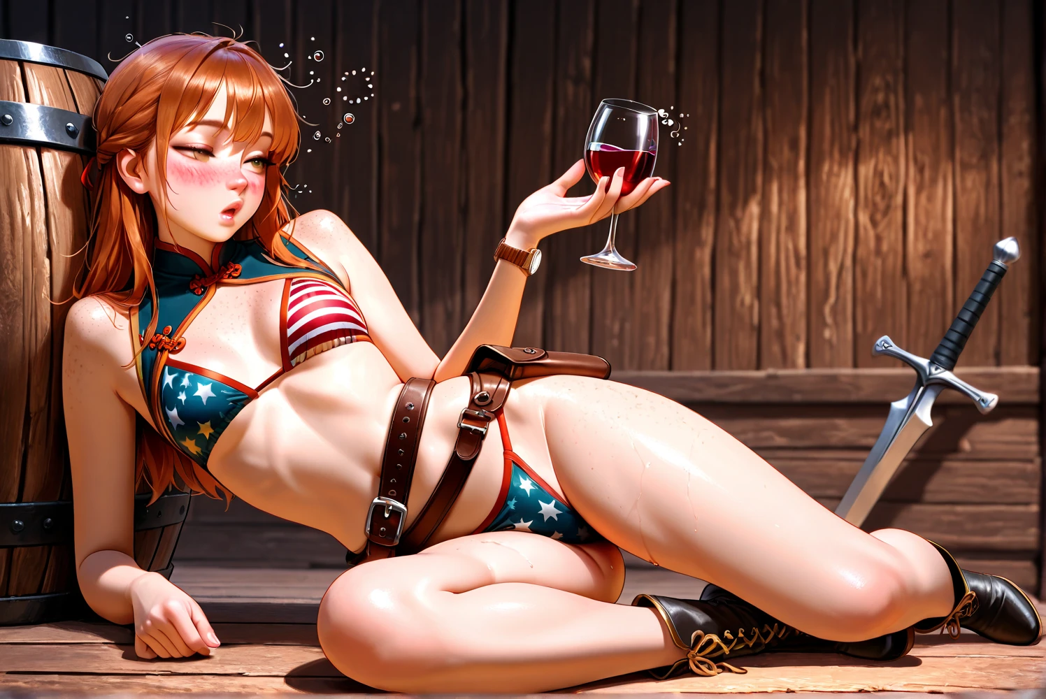 (((1 person:2.5))),(((Stars and Stripes Bikini:1.5))),(((Wear a gun belt with a holster:1.8))),((Put the watch on your wrist:1.5))),(((Showing cleavage))),(((Exposed thin inner thighs))),(((Small breasts:1.5))),(((Bare arms))),(((Put on your boots:1.5))),((Blushed:1.8)), Beautiful detailed girl, Very detailed目と顔, 緻密でBeautiful Eyes, Very detailed, High resolution, Highest quality, masterpiece, Very detailed, 8k wallpaper, wonderful, finely, Highest quality,(Standing in front of a wooden wall),Beautiful Eyes,((Engage your audience:1.5)),((Cowboy Shot:1.5))),((Front shot:1.2)),((Place your right hand on your chest:1.5)),((Drinking whiskey:1.4)),(((Drunk:1.8))),(((Sit on a chair:1.2))),(((Crying face:0.8)))
