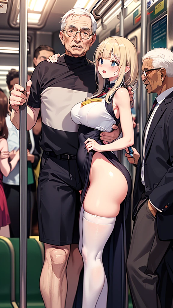 masterpiece, Highest quality, 1 person,( Large Breasts,Are standing, View your viewers,),Detailed Background、A person who writes in detail、Accurate human body、Knowledgeable person、Accurate 5 fingers,Mature Woman,Thighsが太い,Curvy Body,Cyclone \(Just once\),Thighs、alone,((All Samus, Blonde, Blue crop top, Blue shorts, Exposing shoulders, abdomen,)),((Absolute area)),Method TranT, (train interior), netorare, chikan, grabbing, hetero, pussy juices, molestation, public indecency, public use, fingering, 2boys, faceless male, assisted exposure