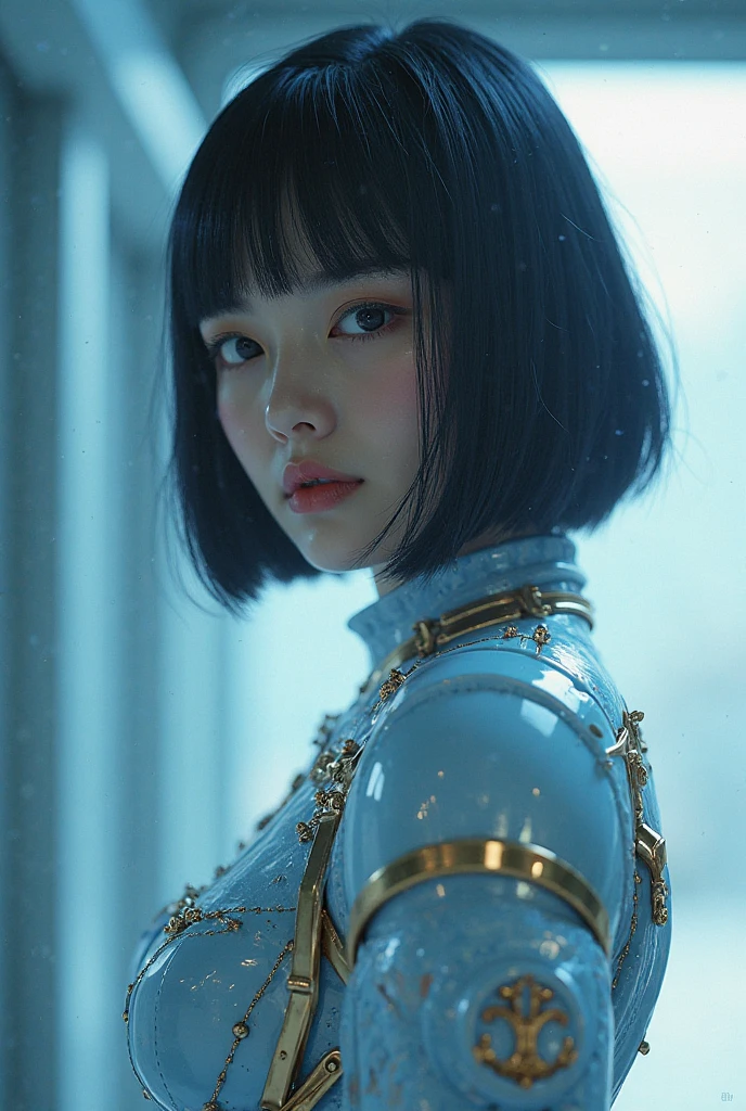 (top quality,4K,8k,high resolution,masterpiece:1.2),very detailed,(realistic,photorealistic,photo-realistic:1.37),Japanese high school girl with a half-luminous angel body,（full body）、Textured Bob Haircut、Punishment for shaving your nape、looking at camera、Nipples、perfect anatomy、depth of field,Ice Blue Gold Queen Shiva 1.4、H.R.Giger design heavy armored armor、mechanical armor inspired by aliens、 Orichalcon heavy armor、 The World at Absolute Zero、Cocytus Background、movie scene