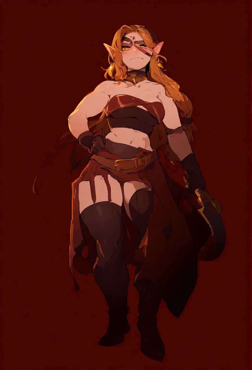 (masterpiece), best quality, female warrior, huge girl, female muscular:1.2, hair over one eye, ginger hair, massive breast, curvy, ((thick thighs:1.5)), (((blank background))), ((full body)), fingerless gloves, sandals, sleeveless, covered nipples, (underboobs:1.3), medium hair, thin hair, (crossed arms)