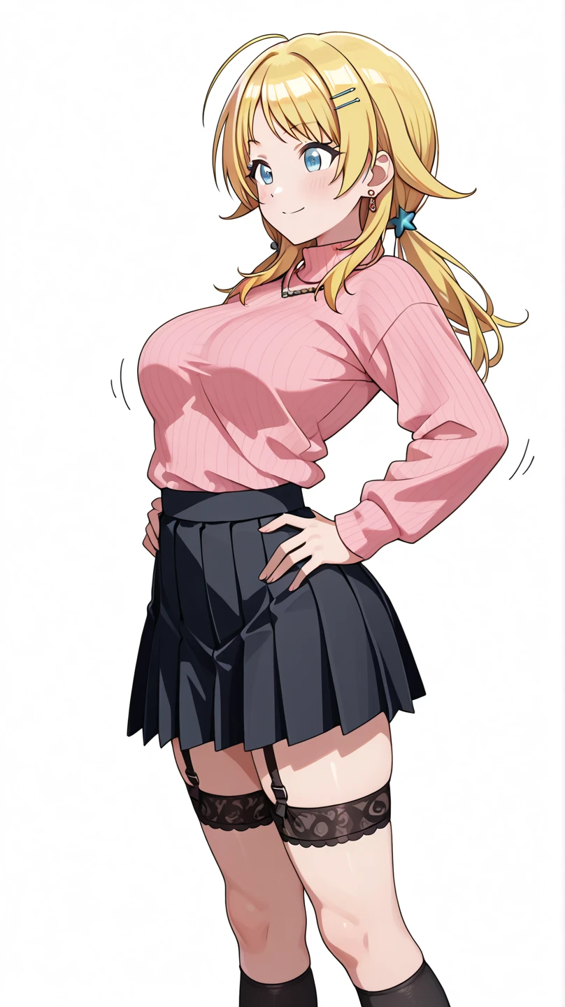 masterpiece, best quality,1girl, nkoishikawa, solo, blonde hair, long hair, green eyes, blue collared crop top shirt, (dark blue pencil skirt), pink panties, simple background <lora:NamiKoishikawa:1>
