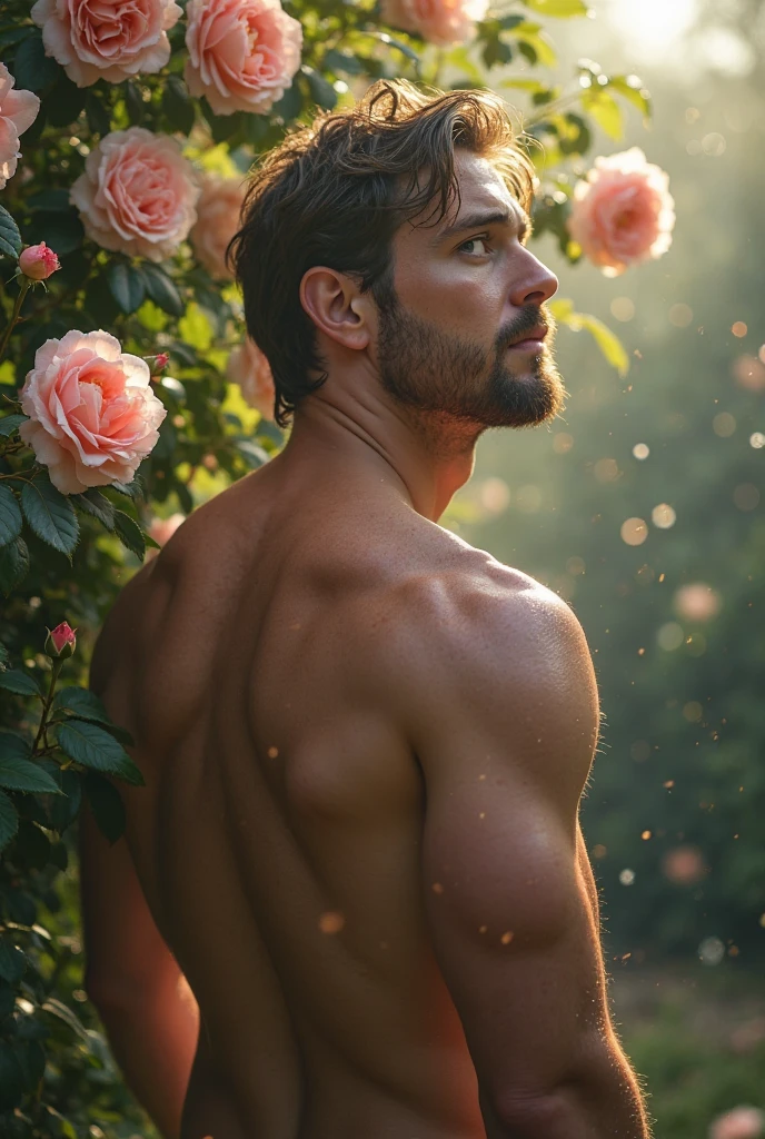 Create a nude male image with his penis showing and he is holding a flower in his hand 