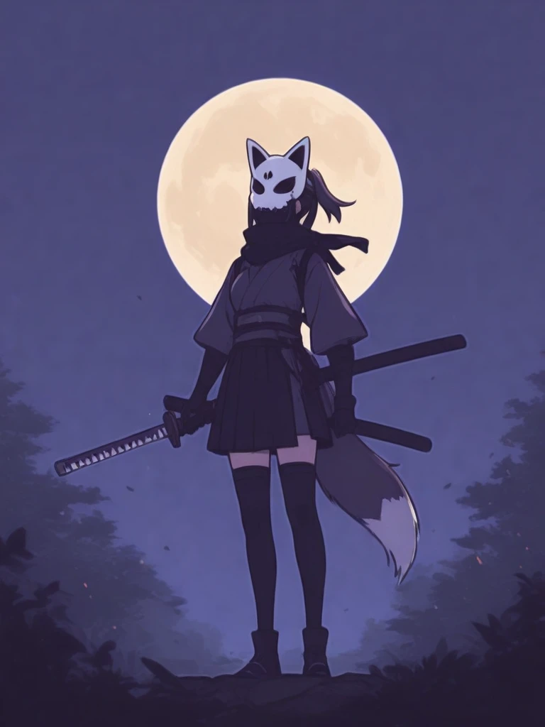 Dog woman, tall, brunette, long black hair, defined, large breasts, long and furry tail, dressed like a Ronin holding a straw hat and a sheathed katana, Crimson leaf forest background next to a lake