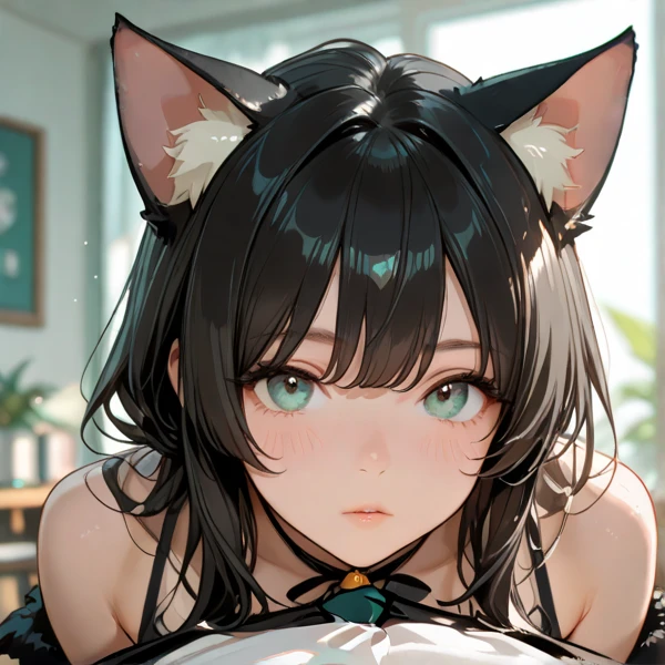 masterpiece, 最high quality, Very beautiful girl,((((A cat sits on the head of a girl lying face down)))),Close-up, Beautiful fine details, Beautifully detailed nose, Beautiful and detailed mouth, Very fine fur, Soft and fluffy, Adorable, Playful, Curious look, Long Hair Girl, (((girl looking at cat))), Intricate details, high quality, 8k, Realistic, masterpiece, Natural light, Warm tones