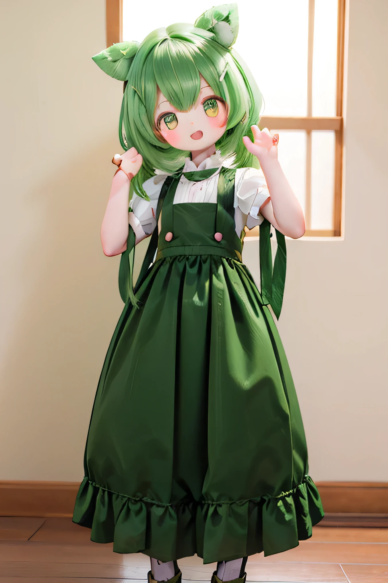 cute green-haired zundamon in playful pose, exquisite character design , Delicate Details , surreal , photorealistic , 8k, masterpiece , is high resolution, bright color, soft light in a mental hospital , Natural Light, 、 warm palette , amazing , Nikon Z7 IIミラーレスカメラで撮影したamazing映像 , cute , cuteデザイン , , Heartwarming、Edamame、 execution (((((young lady))))))(((long hair))) (((((long dress))))))Long Skirt、elegant