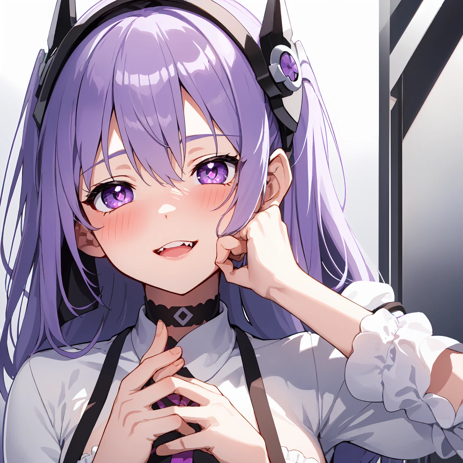 A cyberpunk style girl around 17 years old。Purple bob hair、Wearing cat ear headphones、Black and white maid outfit。He fell and is sitting on the ground crying.。black tights。The saturation is high、The screen is dark、Purple and blue are the main colors。
