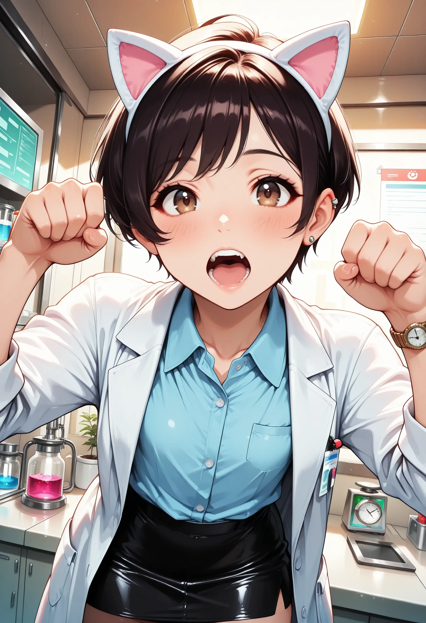 htm,1 woman, cool researcher:1.2, ((laboratory background:1.4)), faceshot:1.4, dark haired, brown eyes, tareme, Pixie Cut, , (Watch Viewers, Big Smiles, Blush, open your mouth, cat pose), Perfect Body, laboratory white coat, collared shirt, black miniskirt, cat ear headband:1.2, Researcher&#39;s lab coat, piercings, warm light, brightly colored, Photogenic, super high resolution, (top quality, very detailed, CG illustration, soft focus, masterpiece, Best Aesthetics),