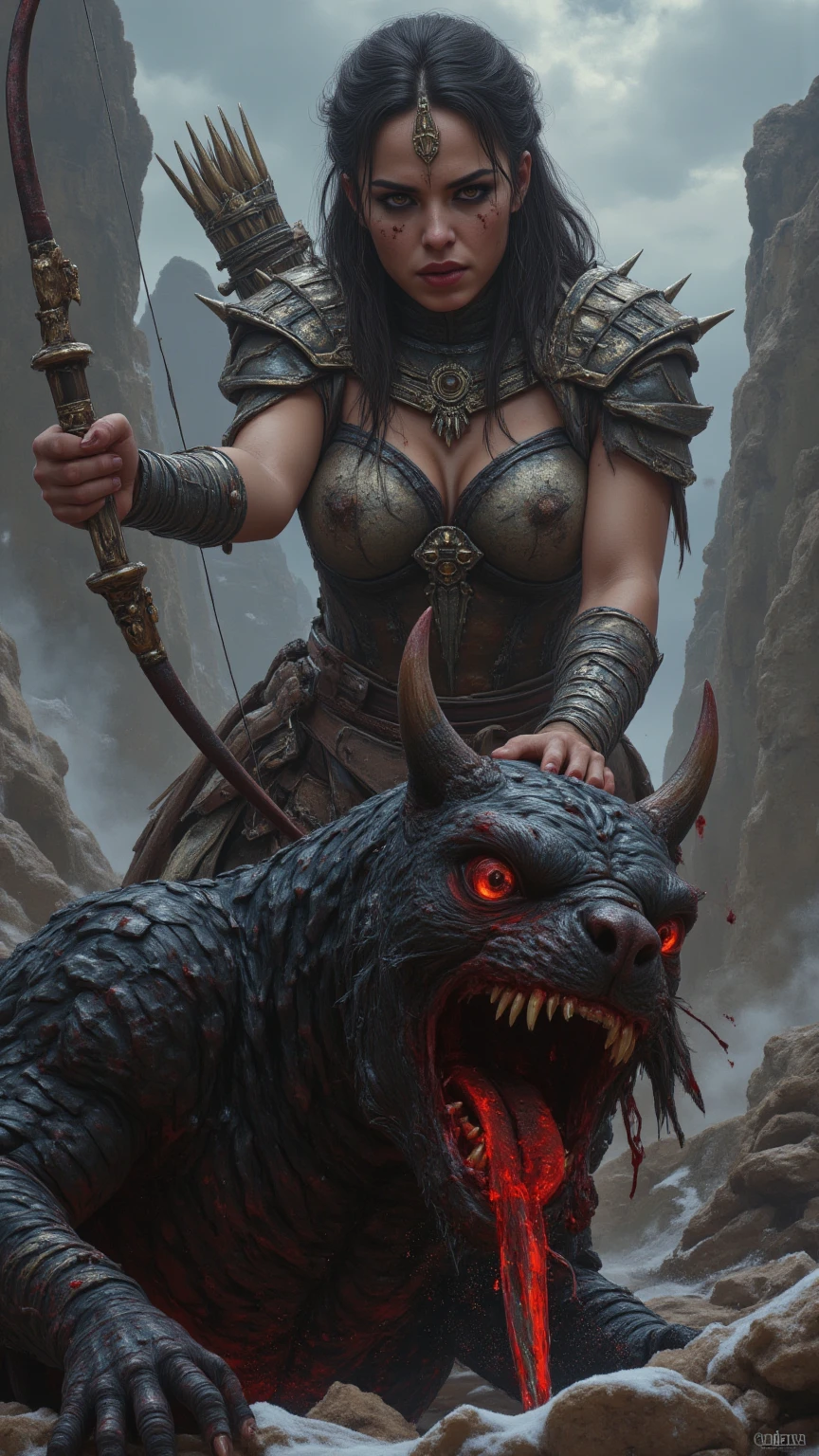woman, lips, bird, holding shield, shoulder armor, boots, wolf, hyena, monster, belt, fog, no eyes, open mouth, polearm, wrinkled skin, butterfly, masterpiece, best quality, absurdres <lyco:dragonAgeTarot-000020:1.1>