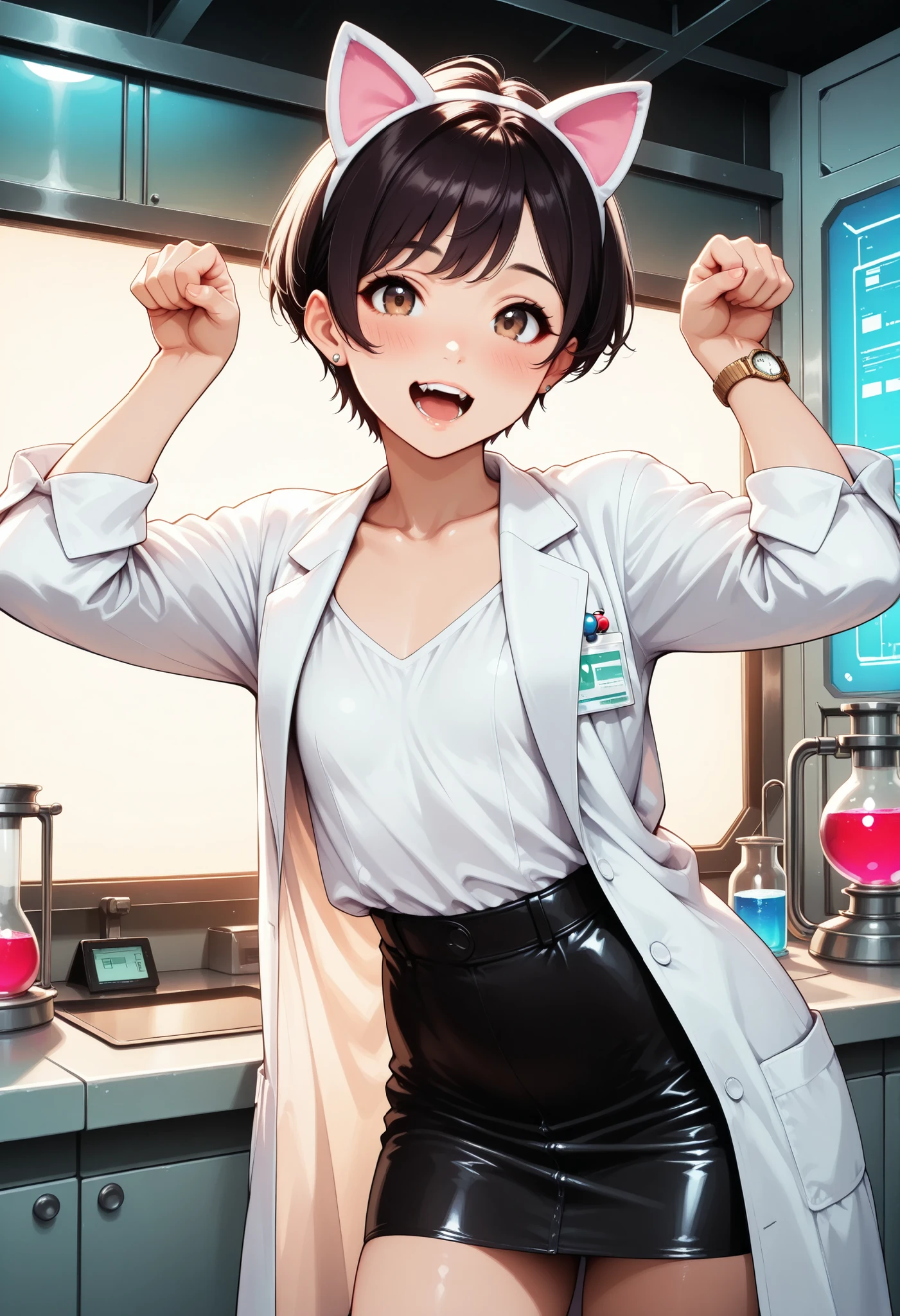 htm,1 woman, cool researcher:1.2, ((laboratory background:1.4)), faceshot:1.4, dark haired, brown eyes, tareme, Pixie Cut, , (Watch Viewers, Big Smiles, Blush, open your mouth, cat pose), Perfect Body, laboratory white coat, collared shirt, black miniskirt, cat ear headband:1.2, Researcher&#39;s lab coat, piercings, warm light, brightly colored, Photogenic, super high resolution, (top quality, very detailed, CG illustration, soft focus, masterpiece, Best Aesthetics),