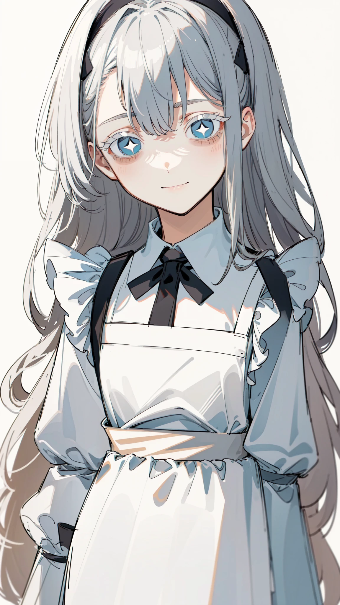 ( masterpiece, top quality, Ultra Fine, Long grey hair, sketch:1.1), ((Portrait)), 1 , Alone,   younger than Quan, straight hair, Straight Bangs, ((light gray eyes,  white pupils )), ( blank , Sagging under eyes:1.2), ( colored lashes,  white eyelashes :1.2), Tiny Chest, flat chest,  Neutral, expressiveness, A small smile, V shaped smile, Curved smile , :>,  black and white dress , Maid, white apron, upper body, at 19:45,   turn your hands around your back, isometric lighting , white background, simple background