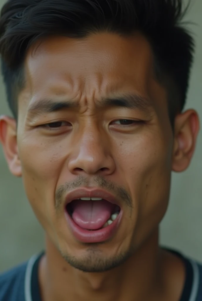 A Korean man masturbating with his tongue out and the sole of his foot showing