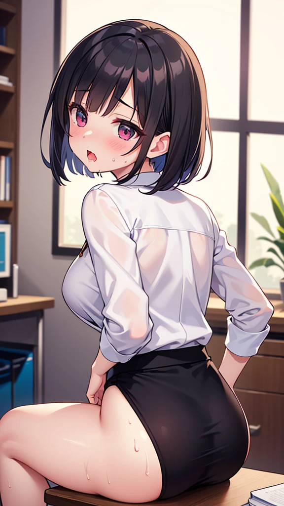 Browsing Caution, Lower body zoom、Woman giving a blowjob,((Flat Chest)), ((Small breasts)), Very detailed, High resolution, (Actual, Realistically: 1.4), 8k, RAW Photos, (Highest quality),rendering,Black hair half-up、Thick pubic hair、,Highest quality , Detailed CG, Two limbs , Optimal ratio , My cheeks feel hot , office , Facial expression when orgasm is reached、Realistic expression、mini skirt、black tights、Sucking penis