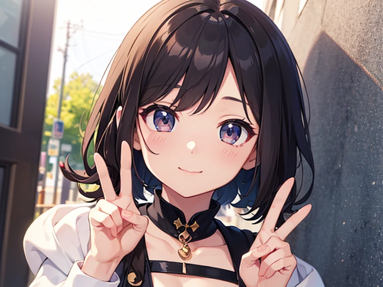 Best Quality, masutepiece, hight resolution, 1girl in, 茜S, (A dark-haired:1.8), Brown eyes, Black jacket, headphones, teepee, Naughty face, Smile, cowboy  shot, large full breasts, Tall lady, Simple background, (Portrait:1.8)