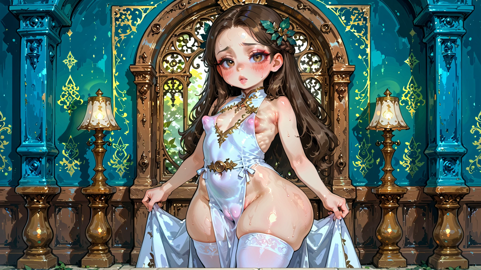 girl, attedent, high quality, detailed portrait, beautiful young woman, fair skin, delicate facial features, long wavy brown hair, soft expression, calm demeanor, elegant attire, ornate uniform, ornamental details, intricate embroidery, golden accents, standing pose, poise and grace, ornate interior background, lavish decor, ornamental furniture, ambient lighting, warm color tones, photorealistic, 8K, ultra-detailed, professional illustration, huge ass, highly detailed, flat chest, areola slip, 1girl, , solo, shinny skin, 16:9, perky breasts, blush, shortstack, petite, erotic, large nipples, shortstack, slender legs, detailed face, pretty face, basukechi artstyle, legs, heavy bottom, covered nipples, perky nipples, thick tights, wide hips