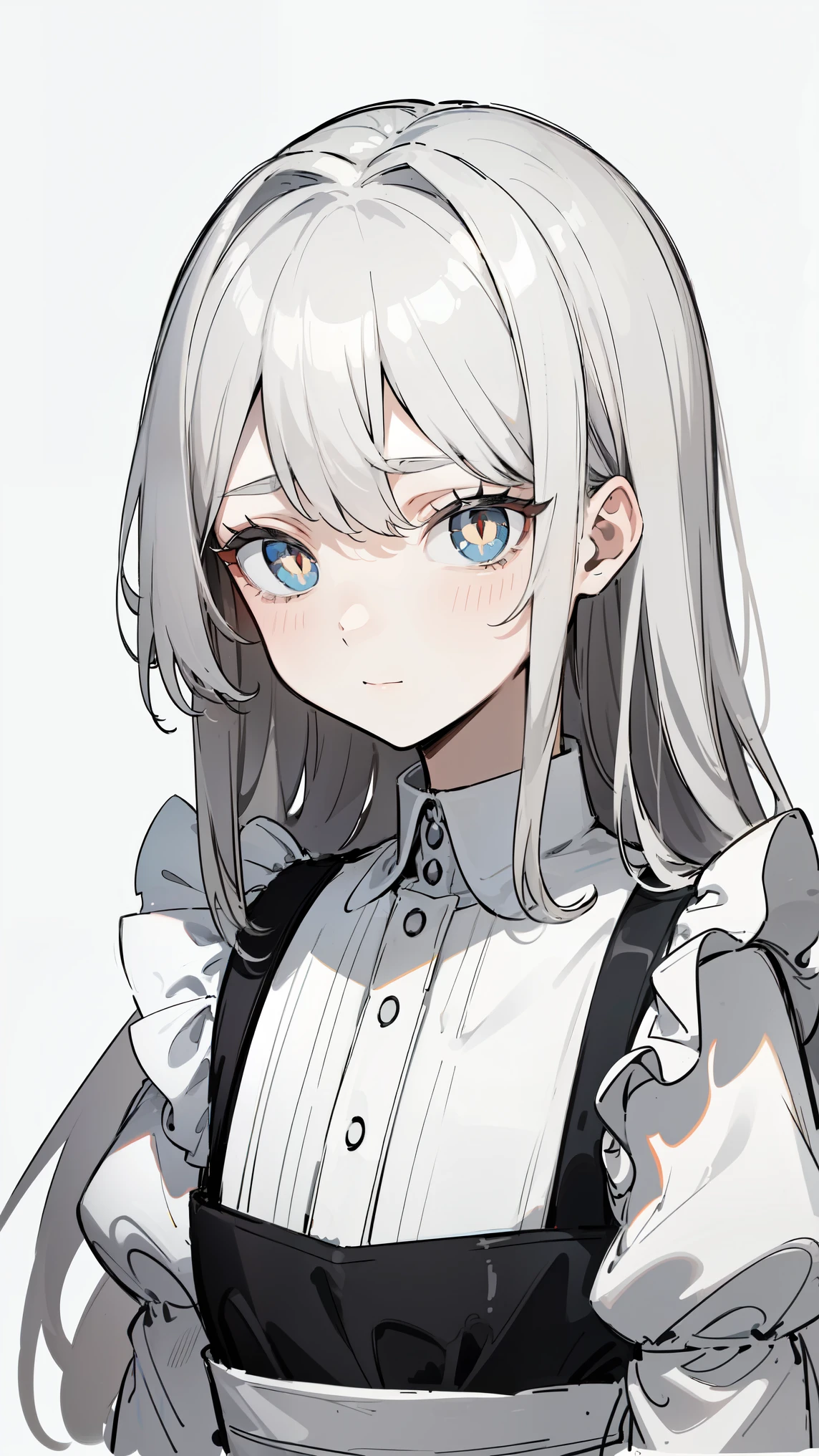 ( masterpiece, top quality, Ultra Fine, Long grey hair, sketch:1.1), ((Portrait)), 1 , Alone,   younger than Quan, straight hair, Straight Bangs, ((light gray eyes,  white pupils )), ( blank , Sagging under eyes:1.2), ( colored lashes,  white eyelashes :1.2), Tiny Chest, flat chest,  Neutral, expressiveness, A small smile, V shaped smile, Curved smile , :>,  black and white dress , Maid, white apron, upper body, at 19:45,   turn your hands around your back, isometric lighting , white background, simple background