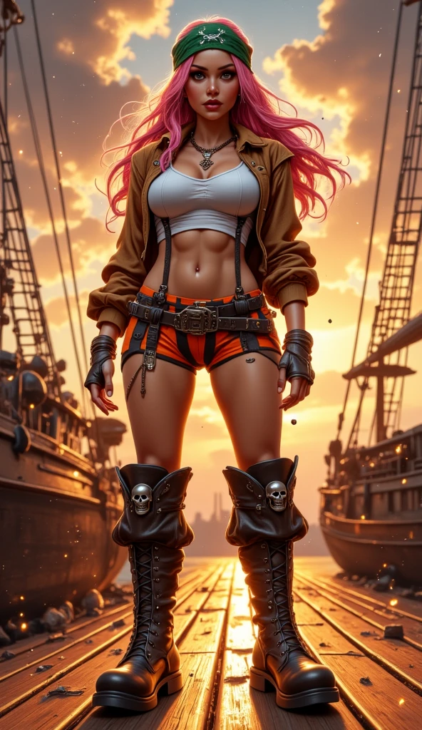 score_9, score_8_up, score_7_up, score_6_up, score_5_up, score_4_up, (Sunset Shimmer from equestria girls), solo, 1girl, sunset shimmer focus, movie accurate equestria girls, detailed, naked under clothes, nsfw, beautiful, female, vector, medium breasts, abs, vulva, full view of body, on pirate ship, wearing tight white shirt, wearing tall boots, leather belts, hands on hips, wet shirt against breasts, low cut pirate shirt, renaissance clothes, loosely laced shirt, loosely laced shorts, lace shirt, leather shorts