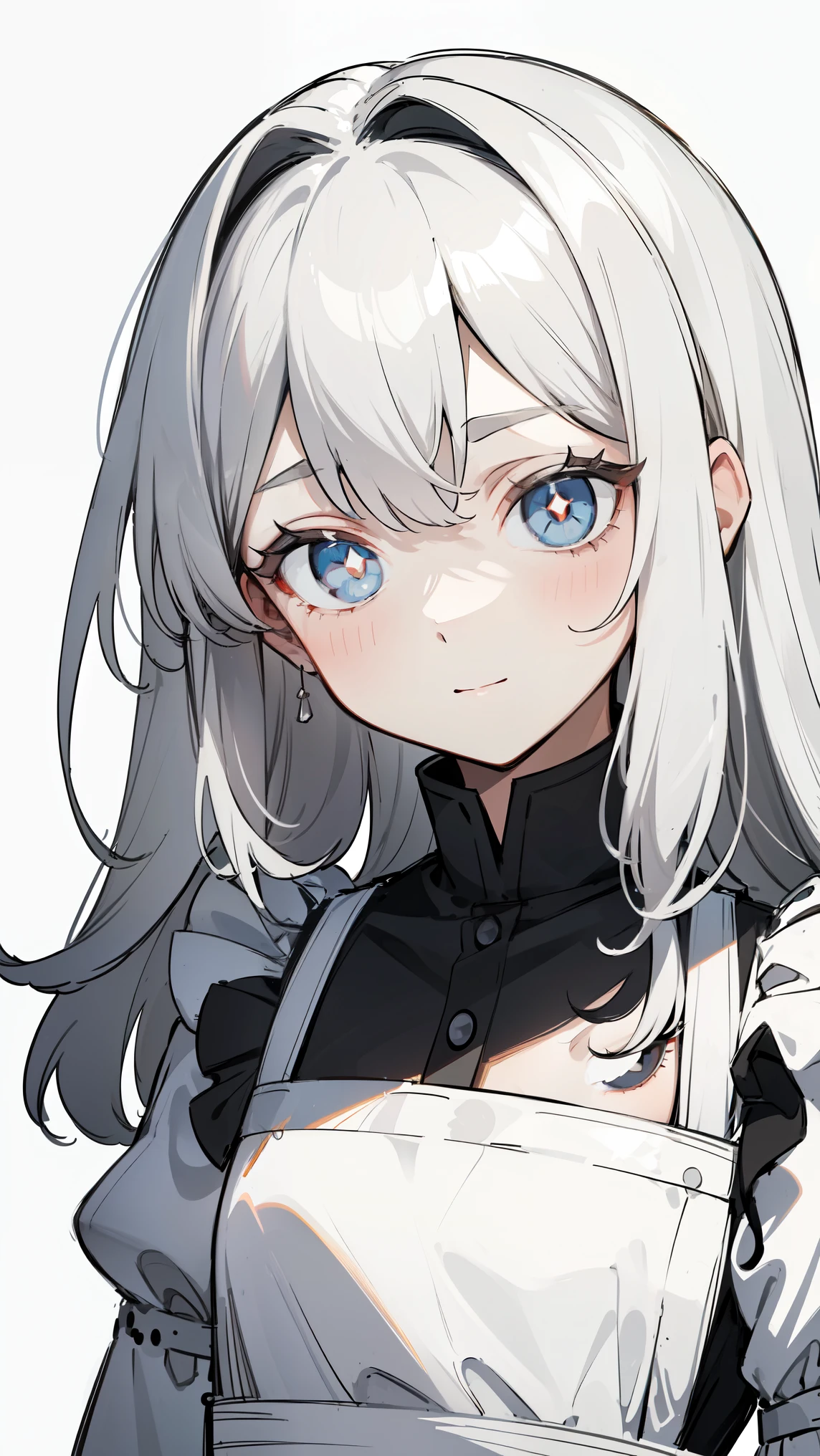 ( masterpiece, top quality, Ultra Fine, Long grey hair, sketch:1.1), ((Portrait)), 1 , Alone,   younger than Quan, straight hair, Straight Bangs, ((light gray eyes,  white pupils )), ( blank , Sagging under eyes:1.2), ( colored lashes,  white eyelashes :1.2), Tiny Chest, flat chest,  Neutral, expressiveness, A small smile, V shaped smile, Curved smile , :>,  black and white dress , Maid, white apron, upper body, at 19:45,   turn your hands around your back, isometric lighting , white background, simple background