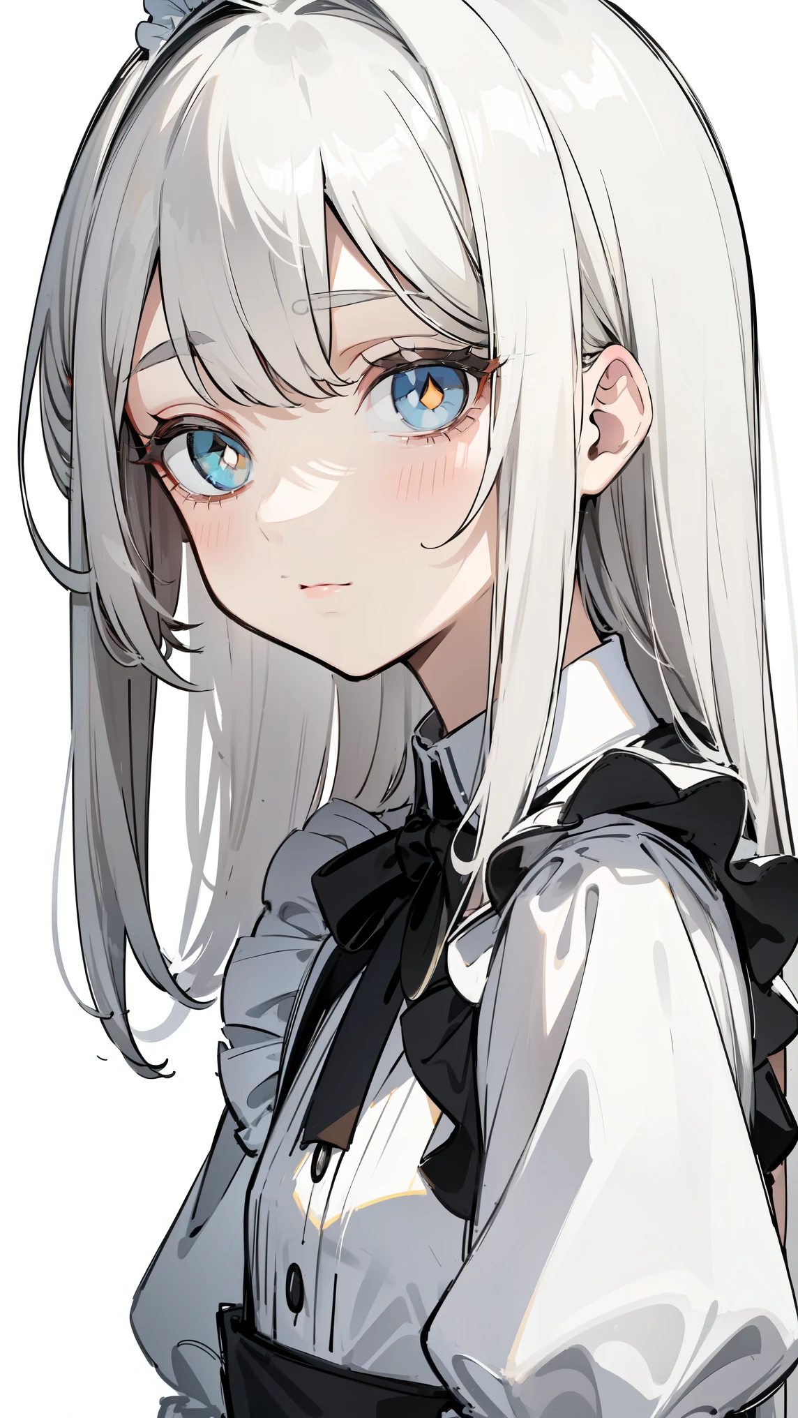 ( masterpiece, top quality, Ultra Fine, Long grey hair, sketch:1.1), ((Portrait)), 1 , Alone,   younger than Quan, straight hair, Straight Bangs, ((light gray eyes,  white pupils )), ( blank , Sagging under eyes:1.2), ( colored lashes,  white eyelashes :1.2), Tiny Chest, flat chest,  Neutral, expressiveness, A small smile, V shaped smile, Curved smile , :>,  black and white dress , Maid, white apron, upper body, at 19:45,   turn your hands around your back, isometric lighting , white background, simple background