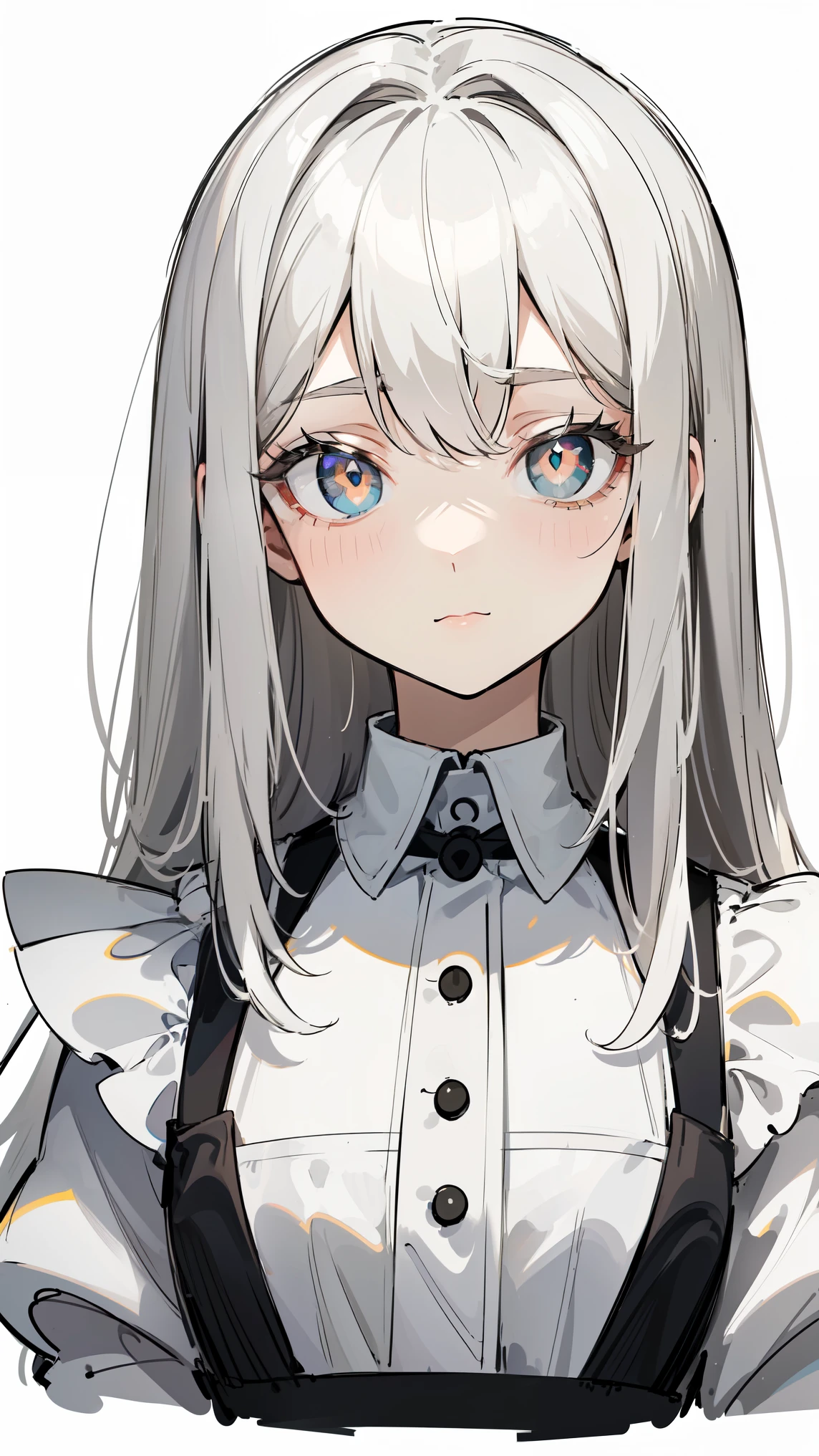 ( masterpiece, top quality, Ultra Fine, Long grey hair, sketch:1.1), ((Portrait)), 1 , Alone,   younger than Quan, straight hair, Straight Bangs, ((light gray eyes,  white pupils )), ( blank , Sagging under eyes:1.2), ( colored lashes,  white eyelashes :1.2), Tiny Chest, flat chest,  Neutral, expressiveness, A small smile, V shaped smile, Curved smile , :>,  black and white dress , Maid, white apron, upper body, at 19:45,   turn your hands around your back, isometric lighting , white background, simple background