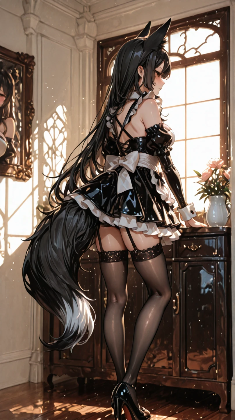 By personalami. solo. Cute slutty seductress furry lynx. Black long hair. Hair bow. slutty seductress smiling. slutty seductress Dynamic slutty seductress pose. slutty seductress Maid dress. slutty seductress Black panties. slutty seductress Black bra. Hand together on chest. Big chest. slutty seductress Pantyhose. Back view. shameless anus
