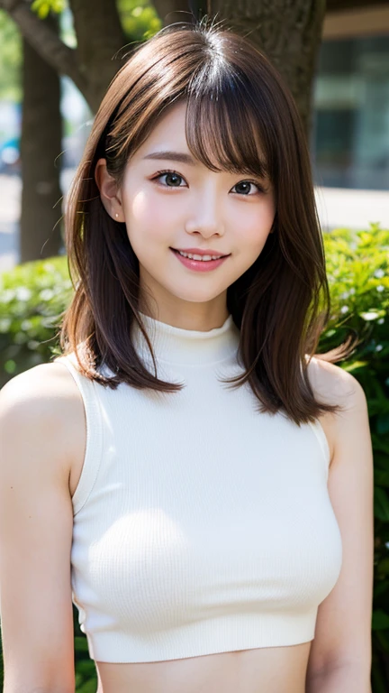 (8K, Super high resolution, highest quality, table top:1.2)、Japanese girl raw portrait、Super high resolution、highest quality、 (super huge breasts,:1.8)、{expose most of the chest:1.2}{Off-white shorts:1.5}、(Wearing a blue sleeveless turtleneck:1.5)、(hands to hips:1.6)、(in the street:1.2) break (natural skin texture、fine skin、hyper realism、Super sharpness)、intricate details、Depth of bounds written、sexy adult woman、long black straight hair、tight buttocks、((masterpiece、highest quality、high detail))、(Photoreal:1.4)、solo、close your mouth、smile happily、Big eyes、Clear double eyelids、eyelash、long neck、Absolute area、beautiful clavicle、perfect face、thin lips、small face、(look at the viewer、eye highlights、light brown eyes、lip gloss)、(from the front:1.5){Pull、from head to foot、show your whole body:1.2}