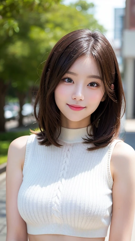 masutepiece, Best Quality, Photorealsitic, finely detail, hight resolution, 8K Wallpapers, Perfect dynamic composition, Beautiful detailed eyes, Medium Hair, large full breasts, Random and sexy poses,Bring your chest together、(Open Chest Mock Neck Crop Tank Top White Knitwear Clear Clave)、(Breast bulge 1.2)、A smile、open open mouth、Resort scenery、25-years old、(Drooping eyes 1.4)、 Beauty、japanes